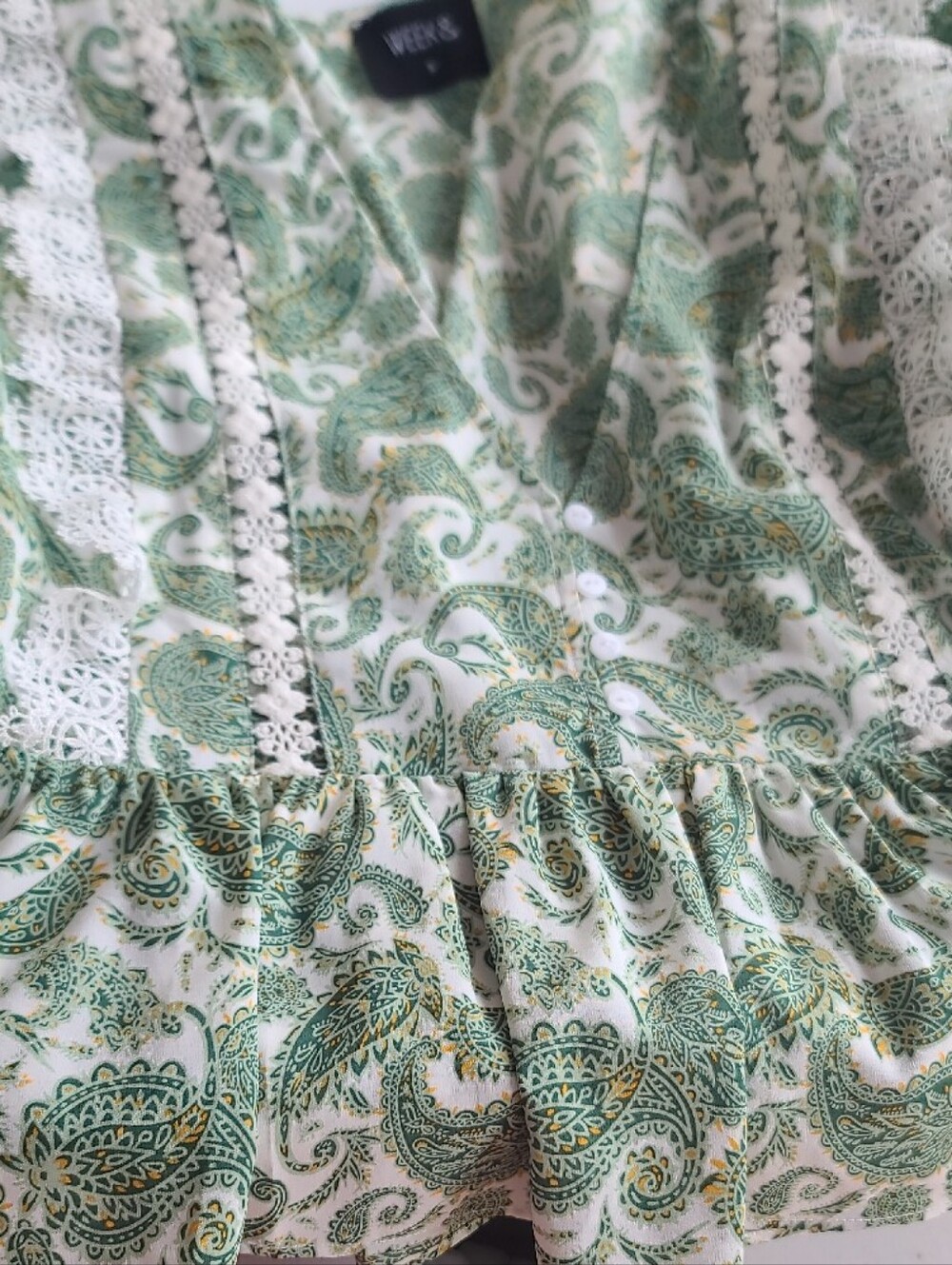 Floral Lace-Trim V-Neck Blouse in Olive Green - Picture 2 of 4